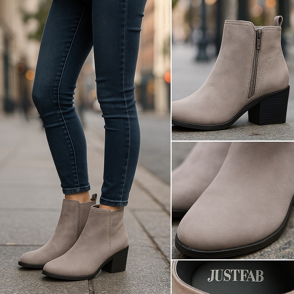 JustFab Taupe Faux Suede Ankle Boots Side Zip Block Heel Booties Size‎ 9 Western